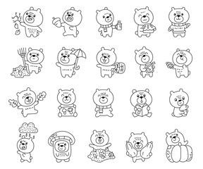 Autumn bear set in outline line art featuring different poses and emotions seasonal forest animals harvest clothing weather cozy reading walking