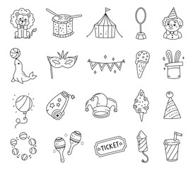 Circus set in outline line art featuring animals performers tent clown magic fun festival elements toys food decorations party entertainment show