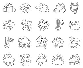 Meteorology weather set in outline line art featuring clouds sun moon rain snow wind temperature symbols forecast climate atmosphere sky seasons