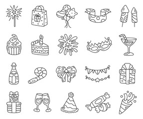 Celebration festive set in outline line art featuring party decoration gift balloon cake firework mask drink candy ribbon garland champagne