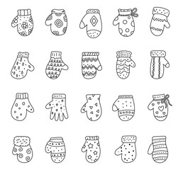 Mitten winter clothing set in outline line art showing cozy knitted handwear with decorative ornament designed for cold seasonal everyday warmth for your projects