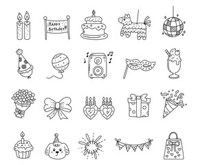Birthday celebration set in outline line art presenting party decorations tasty desserts gift items balloon candles friendly dog characters family moments