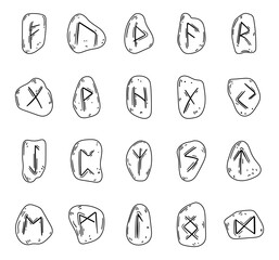 Rune divination set in outline line art featuring ancient symbols carved rocks used for ritual magic fortune telling pagan mythology spirituality