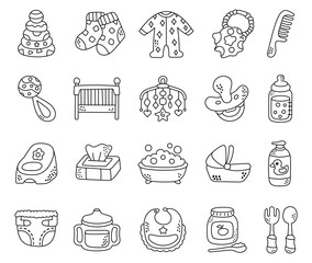 Children care set in outline line art featuring baby hygiene feeding sleep play nursery toys furniture clothing daily use development