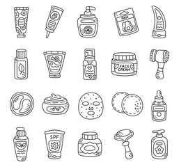 Cosmetics face set in outline line art featuring cream gel soap mask serum toner oil lotion tools routine care hygiene