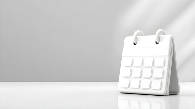 Minimalist three dimensional model of a blank white calendar on a plain background