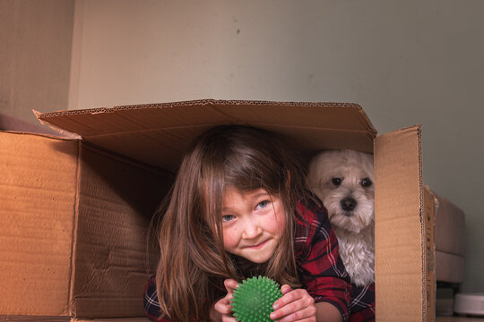 Happy little girl and her pet dog playing inside a cardboard box at home.