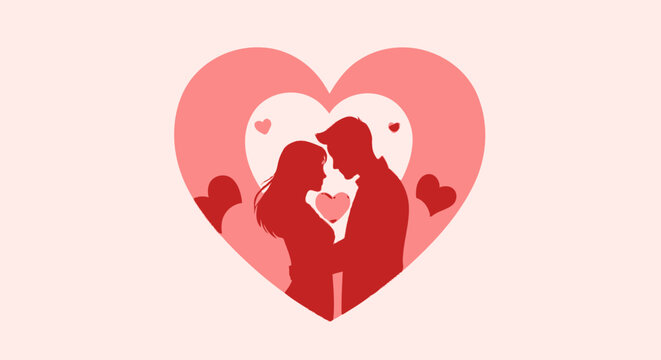 Minimalist Silhouette Couple Hugging Inside Decorative Heart Symbol for Valentine's Day