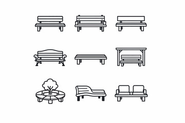 Collection of nine bench icons in minimalist line art style