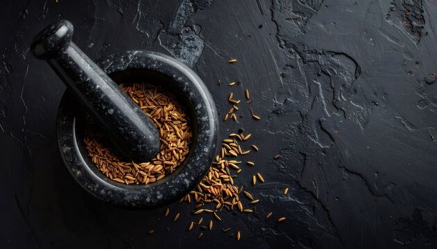 Mortar and pestle grinding cumin seeds for cooking food