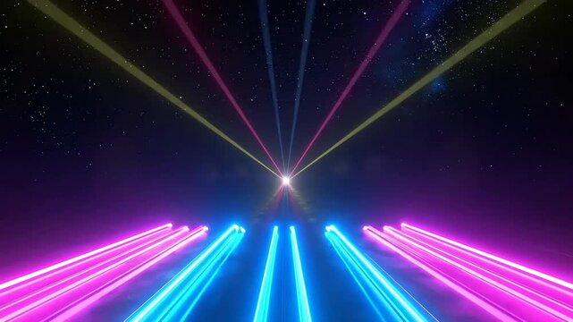 Abstract neon light tunnel with rainbow arch and starry night background.