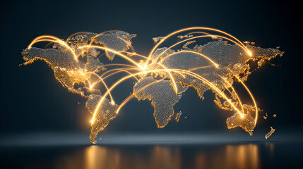 Obraz premium Digital world map with glowing arrows showing connection lines across the continents 