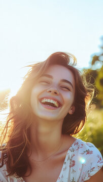 A joyful woman laughing naturally outdoors