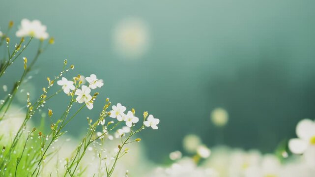 Delicate white wildflowers and lush green grass covered in sparkling water droplets, creating a fresh, serene, and revitalizing natural background evoking growth and renewal
