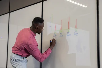 Fotobehang Buffet Business professional drawing bar chart on large wall-mounted whiteboard under linear lighting  © wavebreak3