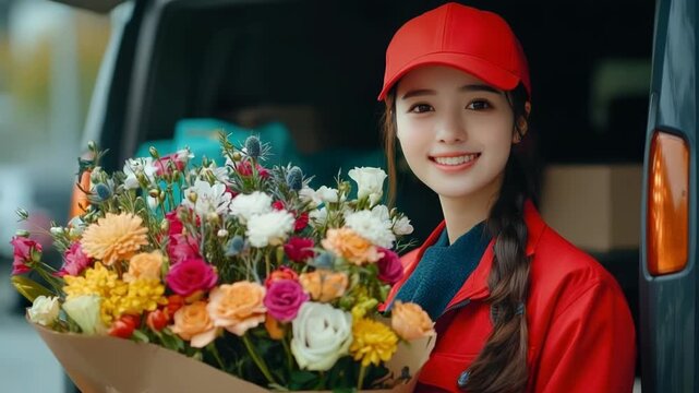 Happy asia flower delivery service representative in uniform standing next van, holding bouquet of flowers. Sale, online order of flowers for Valentine's Day, Mother's Day, Birthday, Wedding
