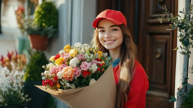 Happy woman of flower delivery service in uniform stands near door of house and in hands beautiful bouquet of flowers.Sale, online order of flowers for Valentine's Day, Mother's Day, Birthday, Wedding