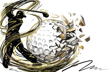 golf ball on a green background​ golden golf ball​ impact​ power​ful​ swing​ with​ abstract​ motion​