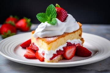 Slice of strawberry shortcake topped with whipped cream, a whole strawberry, and fresh mint leaves