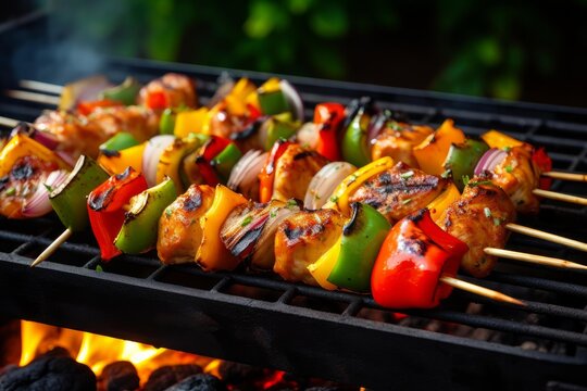 Colorful chicken and bell pepper skewers cooking over hot coals on a grill