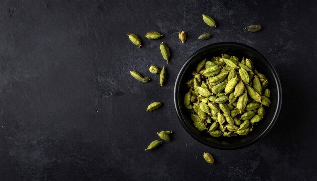 Green cardamom pods filling bowl on dark background