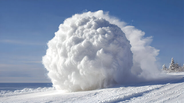 A massive white snowball rolling down a steep and snowy mountain slope