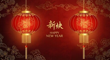 Two ornate red lanterns with gold patterns on a textured dark red background with clouds floral motifs and happy new year greeting in gold text