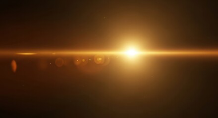 Abstract golden lens flare effect with bright central light source and glowing bokeh particles on dark background creating radiant energy