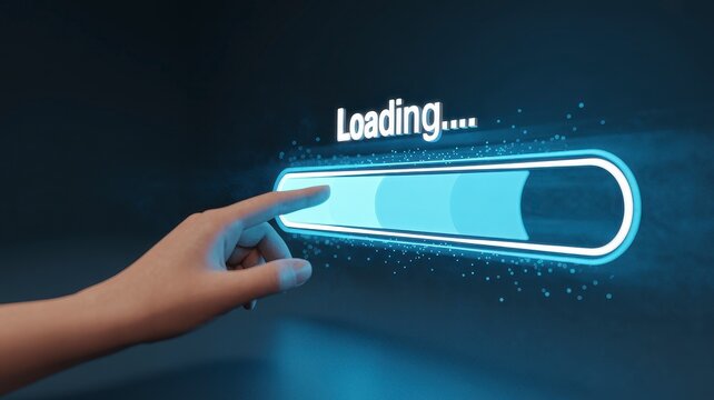 Human hands touch digital loading progress bar interface, hand interacting with futuristic system update and data processing concept, technology illustration