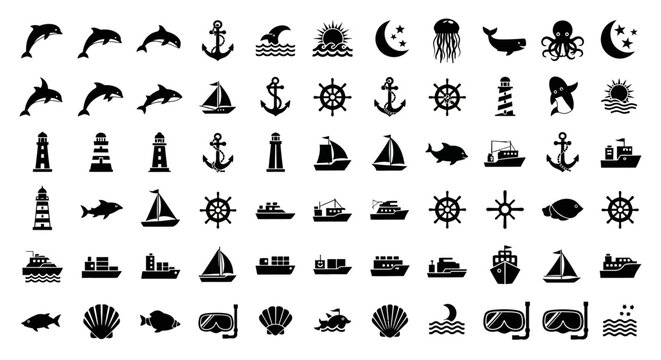 Collection of nautical symbols and icons representing various marine elements and objects on a plain background from a straightforward viewpoint