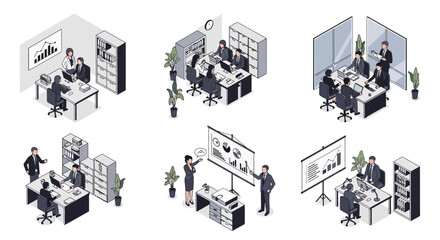 Fototapeta premium Isometric illustration of office workers collaborating in various settings with computers and whiteboards