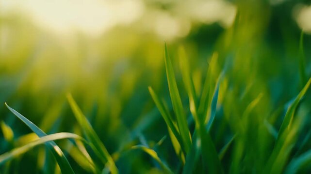Fresh green grass blades in warm sunlight, soft golden bokeh creating a tranquil, vibrant background evoking spring growth, healthy lawn texture, and peaceful outdoor calm