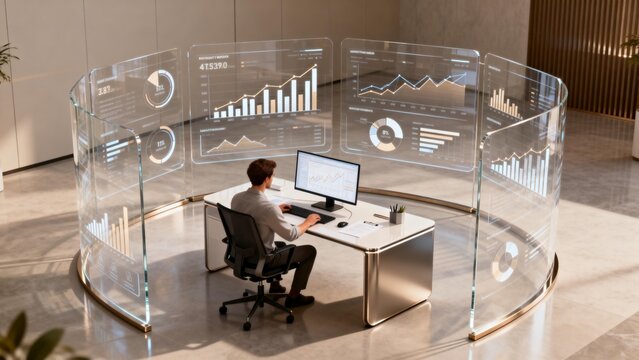 Man working in futuristic office with holographic displays