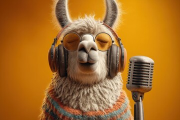 Obraz premium Photoreal Pop Studio Llama Wears Oversized Headphones and Stands Next to a Microphone Against a Bright Background