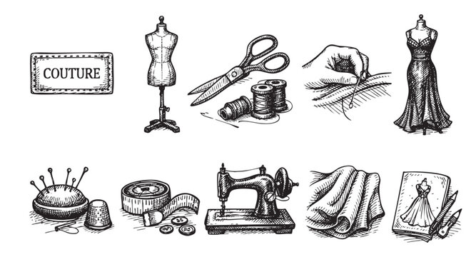 A hand-drawn illustration featuring couture elements like a dress form, scissors, sewing machine, thread, and dress design, ideal for fashion or design projects.