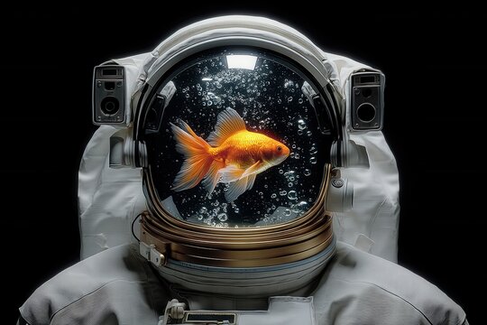 Photoreal Pop Surreal Astronaut Helmet Showing a Goldfish in a Bubble-Filled Space Scene