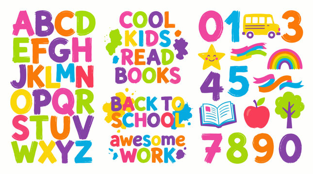 Colorful alphabet and numbers learning banner for kids with rainbow letters, school icons, and playful illustrations to boost literacy and early math skills.
