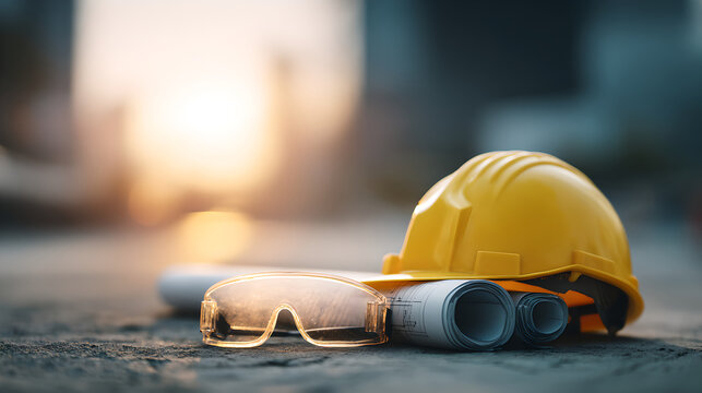 Yellow Hard Hat Safety Goggles And Blueprint Paper Rolls On Construction Site Ground At Sunset 