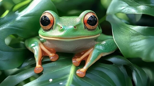 Colorful frog sits among green leaves in a tropical setting