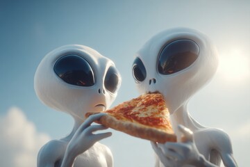 Friendly Aliens Share Pizza Under the Sun on a Bright Day in the Sky