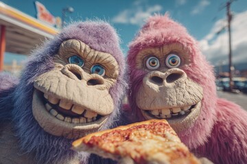 Fototapeta premium Friendly Gorillas Share a Slice of Pizza in a Parking Lot During a Sunny Day