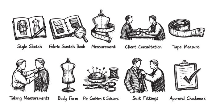 Hand-drawn sketches show the tailoring process, including design, measurement, consultation, fittings, and approval, all in black and white against a clean backdrop.
