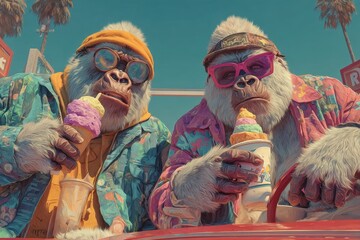 Two Friendly Gorillas Enjoy Ice Cream in the Sun at an Outdoor Fairground in California During a Summer Afternoon