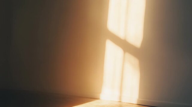 Golden sunbeams illuminating a minimalist room, casting a striking geometric shadow pattern from a window frame onto the clean white wall and wooden floor, representing peace and new beginnings