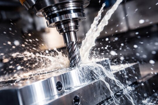 Precision CNC milling machine cutting metal with coolant spray in industrial workshop