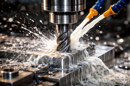 Precision milling machine cutting metal with coolant spray for industrial manufacturing
