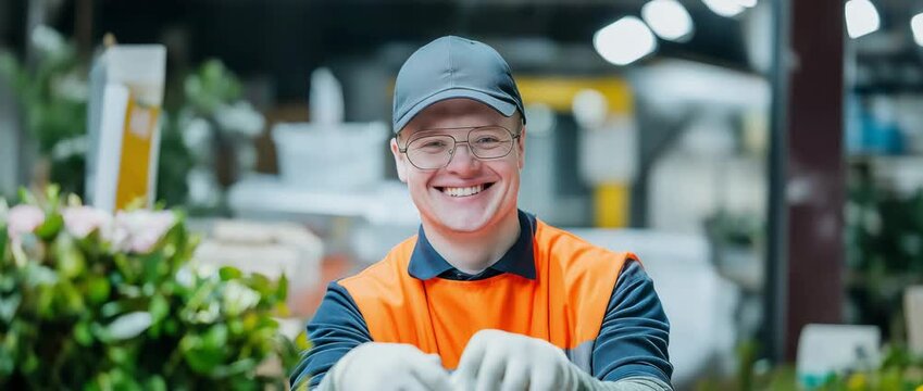 Worker with Down syndrome performing service job with pride, dignity at work concept