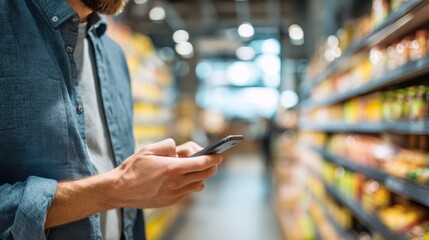 Retail Manager Checks Inventory on Smartphone While Standing in Aisle of Grocery Store During Day