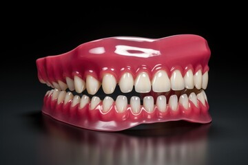 Obraz premium Complete dental prosthesis for missing teeth against a dark studio background