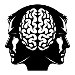 A vector illustration of a black human head silhouette with a brain profile symbol representing psychology, anatomy, and the concept of a person thinking
